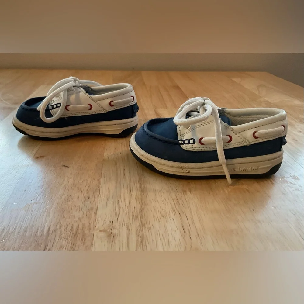Timberland Baby Shoes Size 6 Blue White Red Lace Up Leather Boat Shoes Classic